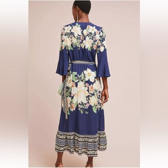 ANTHROPOLOGIE FARM RIO DE JANEIRO MIDNIGHT FLOWER WRAP DRESS SMALL - Picture 2 of 12